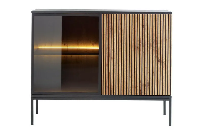 Klinkerville Lågt Vitrinskåp med belysning 39 cm djup 104 cm - Svart Trä / Glas / Ribbad - Products - Förvaring - Skåp - Vitrinskåp