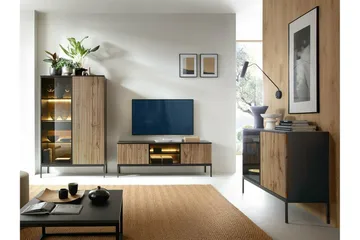 Klinkerville Vitrinskåp Glasdörr med Belysning 39 cm djup 10 cm - Svart Trä / Brun / Ribbad - Products - Förvaring - Skåp - Vitrinskåp