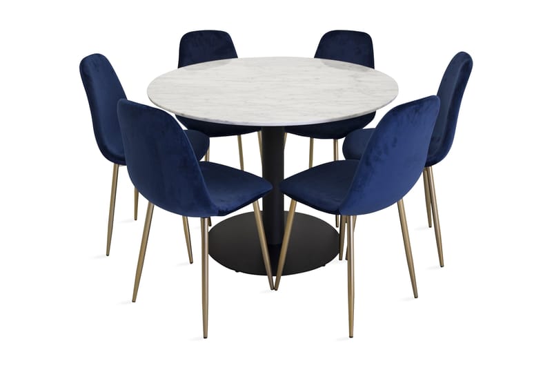 Admira Matgrupp 106 cm Rund Marmor med 6 Valeri Köksstol, Sammet Grå/Svart