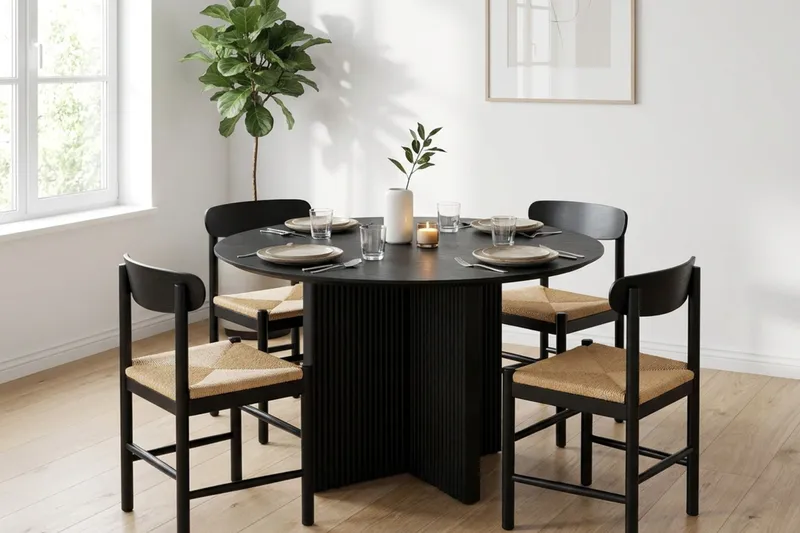 Edda Matgrupp runt 110 cm Svart med 4 Malte Matstolar - Svartlaserad ek - Products - Möbler - Bord & matgrupp - Matgrupp