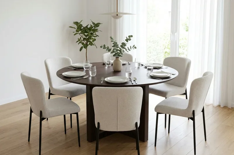 Edda Matgrupp runt 130 cm Rökt Ek med 6 Elsie Matstolar - Rökt ek/Vit - Products - Möbler - Bord & matgrupp - Matgrupp