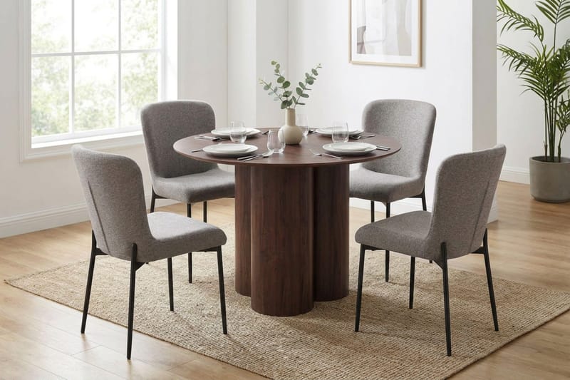 Juno Matgrupp runt 110 cm Valnöt med 4 Elsie Matstolar - Valnöt/Ljusgrå - Products - Möbler - Bord & matgrupp - Matgrupp