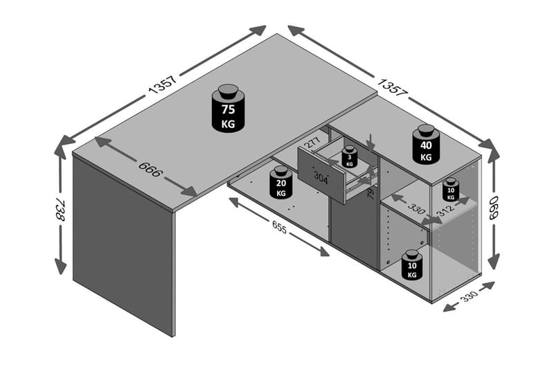 Lexo Hörnskrivbord 136 cm med Justerbar Hylla - Betong - Products - Möbler - Bord & matgrupp - Kontorsbord - Skrivbord - Hörnskrivbord