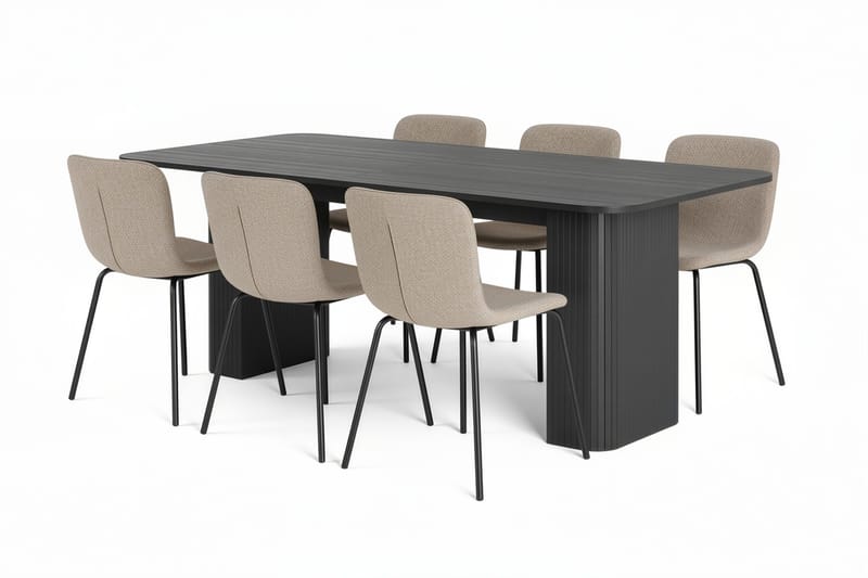 Kopparbo Matbord 200-260 cm Förlängningsbart med 4 Katy Matstolar, Svart / Greige Bouclé / Metallben Svart