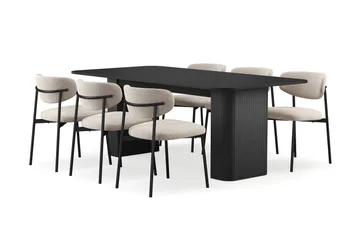 Kopparbo Matbord 200-260 cm Förlängningsbart med 6 Lucy Matstolar - Svart / Greige Bouclé / Metallben Svart - Products - Möbler - Bord & matgrupp - Matgrupp