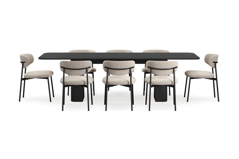 Kopparbo Matbord 200-260 cm Förlängningsbart med 8 Lucy Matstolar - Svart / Greige Bouclé / Metallben Svart - Products - Möbler - Bord & matgrupp - Matgrupp