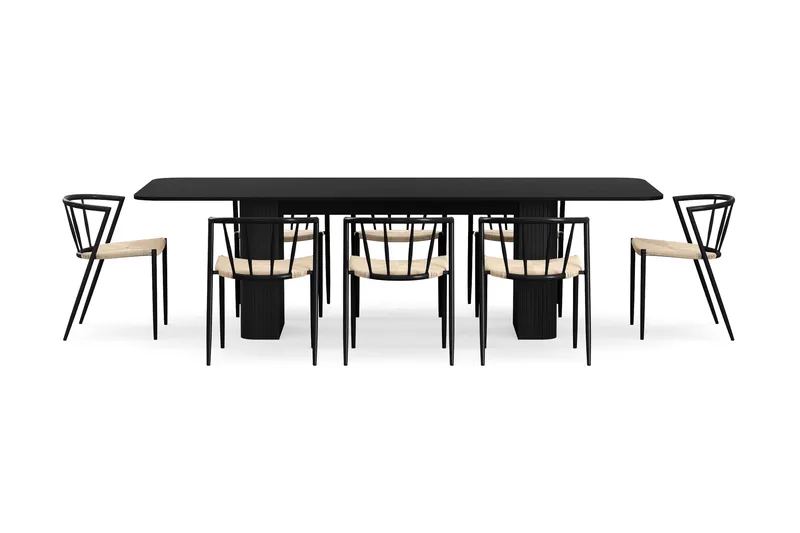 Kopparbo Matbord 200-260 cm Förlängningsbart med 8 Winston Matstolar - Svart / Beige / Metallben Svart - Products - Möbler - Bord & matgrupp - Matgrupp