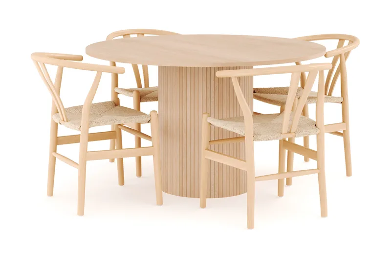 Kopparbo Matgrupp 130 cm Rund med 4 Dastoori Matstolar, Beige