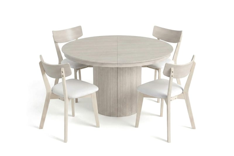 Kopparbo Matgrupp Förlängningsbart runt 120-220 cm Vitlaserad med 4 Amelia Matstolar med Dyna - Vitlaserad/Beige - Products - Möbler - Bord & matgrupp - Matgrupp