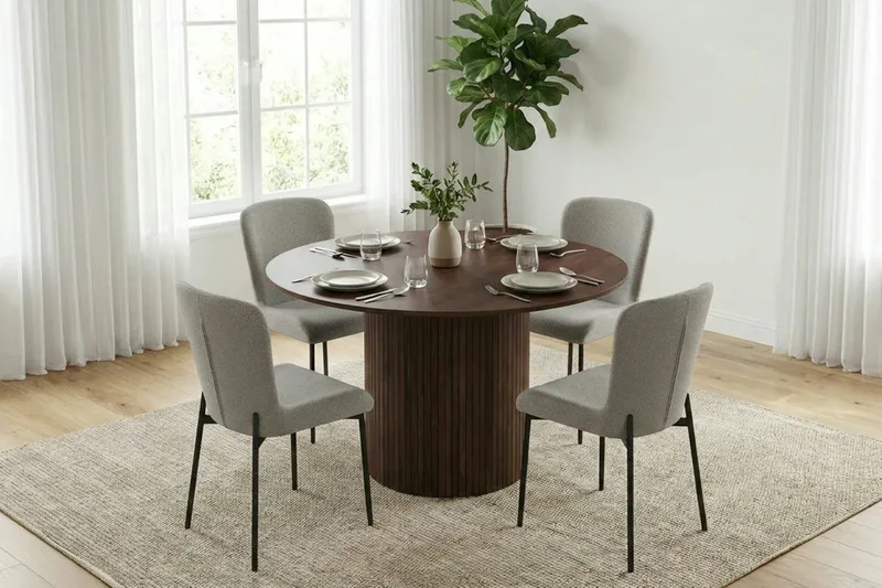 Kopparbo Matgrupp runt 110 cm Valnöt med 4 Elsie Matstolar - Valnöt/Ljusgrå - Products - Möbler - Bord & matgrupp - Matgrupp