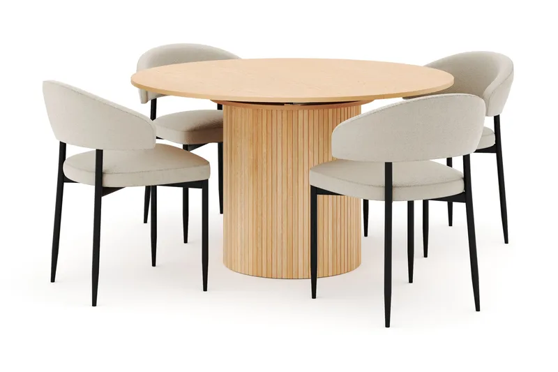 Kopparbo Runt Matbord 130 cm Förlängningsbart med 4 Sawako Stolar, Vit