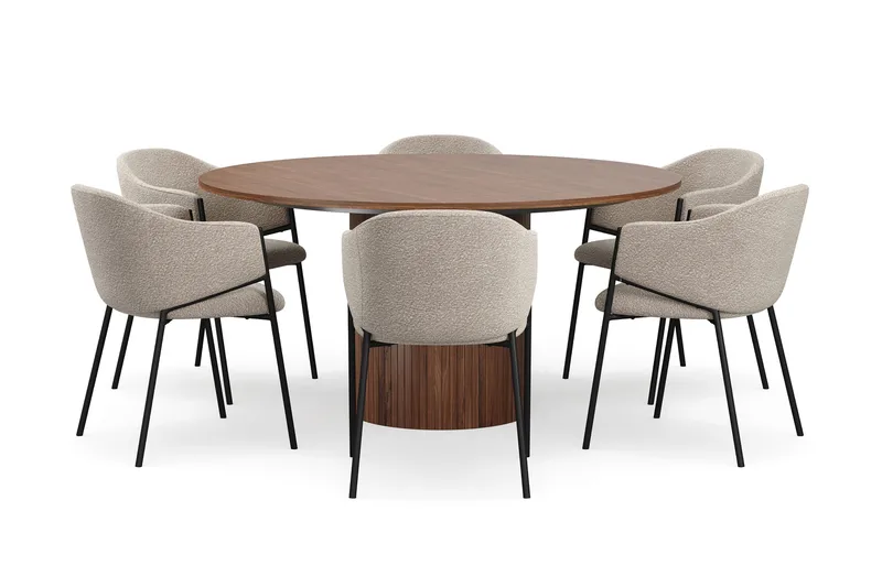Kopparbo Runt Matbord 150 cm med 6 Filip Matstolar - Valnöt / Taupe Bouclé - Products - Möbler - Bord & matgrupp - Matgrupp