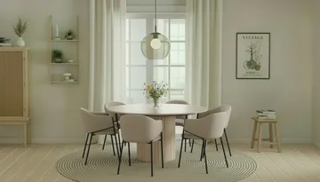 Kopparbo Runt Matbord 150 cm med 6 Filip Matstolar - Vit / Taupe Bouclé - Products - Möbler - Bord & matgrupp - Matgrupp