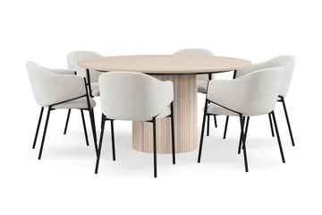 Kopparbo Runt Matbord 150 cm med 6 Filip Matstolar, Vit / Vit Bouclé