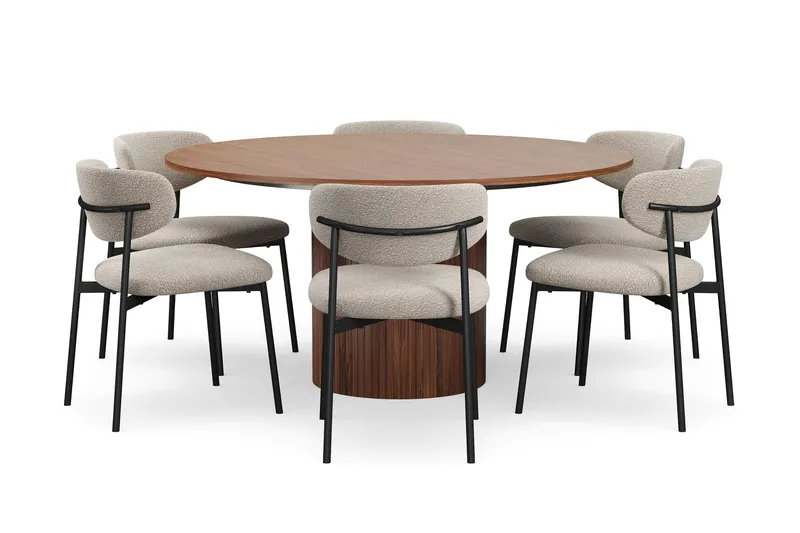 Kopparbo Runt Matbord 150 cm med 6 Lucy Matstolar, Valnöt / Greige Bouclé / Metallben Svart