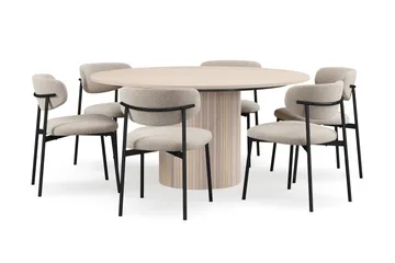 Kopparbo Runt Matbord 150 cm med 6 Lucy Matstolar - Vit / Greige Bouclé / Metallben Svart - Products - Möbler - Bord & matgrupp - Matgrupp