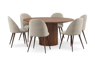 Kopparbo Runt Matbord 150 cm med 6 Nibe Plus Matstolar - Valnöt / Greige Bouclé / Metallben Valnöt - Products - Möbler - Bord & matgrupp - Matgrupp