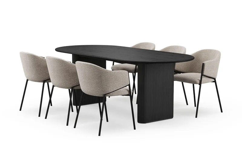 Noira Ovalt Matbord 220 cm med 6 Filip Matstolar - Svart / Taupe Bouclé - Products - Möbler - Bord & matgrupp - Matgrupp