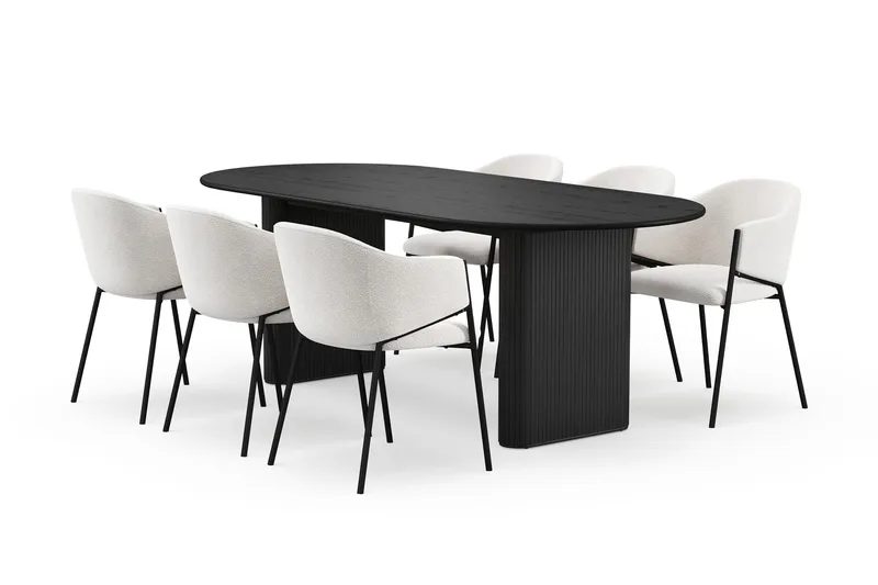 Noira Ovalt Matbord 220 cm med 6 Filip Matstolar, Svart / Vit Bouclé