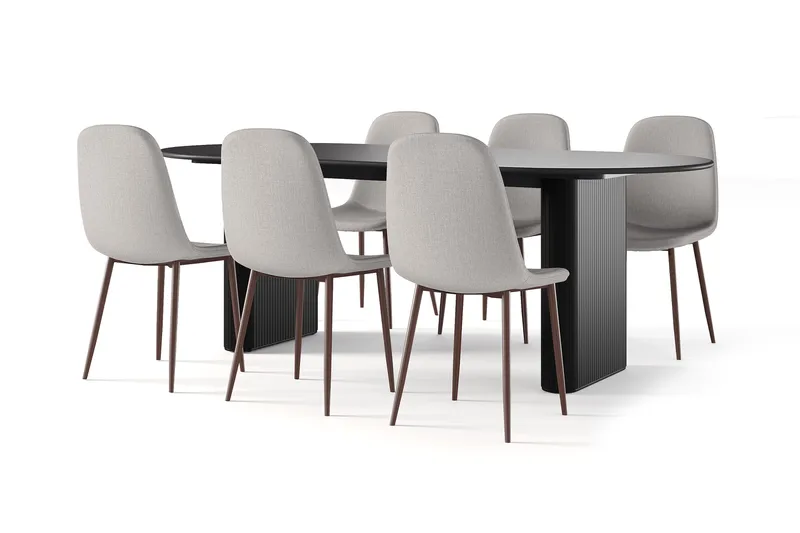Noira Ovalt Matbord 220 cm Svart +  6 st Nibe stol beige med valnöt ben, Svart/Beige