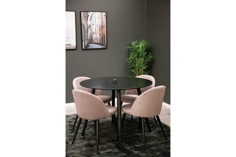 Plaza Matgrupp 100 cm Rund med 4 Velvet stolar, Svart