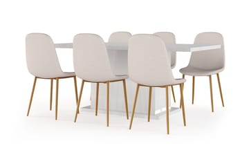 Ratliff Matbord 180 cm Förlängningsbart med illäggsskiva +  6 st Nibe stol beige med ek ben, Vit/Beige