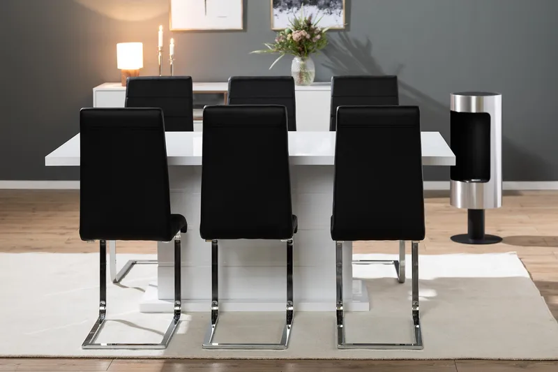 Ratliff Matgrupp 180 cm + 6 Stolar Förlängningsbart med illäggsskiva - Vit / Svart Pu / Krom - Products - Möbler - Bord & matgrupp - Matgrupp