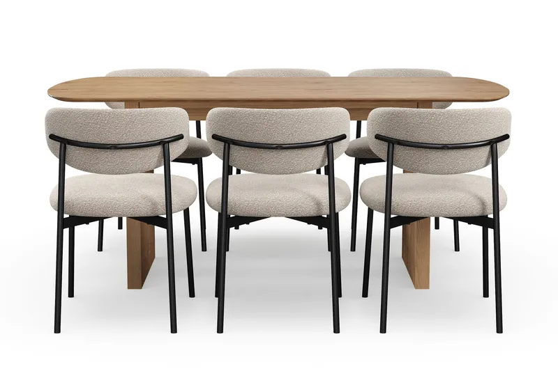 Richeto Matbord 180 cm med 6 Lucy Matstolar - Naturlig finish / Greige Bouclé / Metallben Svart - Products - Möbler - Bord & matgrupp - Matgrupp
