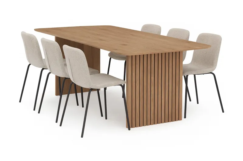 Richeto Matbord 210 cm med 6 Katy Matstolar, Naturlig finish / Greige Bouclé / Metallben Svart