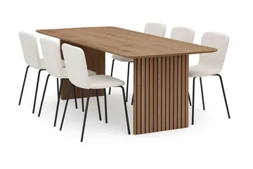 Richeto Matbord 210 cm med 6 Katy Matstolar - Naturlig finish / Vit Bouclé / Metallben Svart - Products - Möbler - Bord & matgrupp - Matgrupp