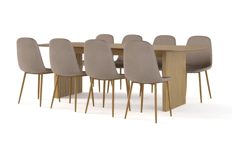 Richeto Matbord 240 cm ek +  8 st Nibe stol brun med ek ben, Natur/Brun