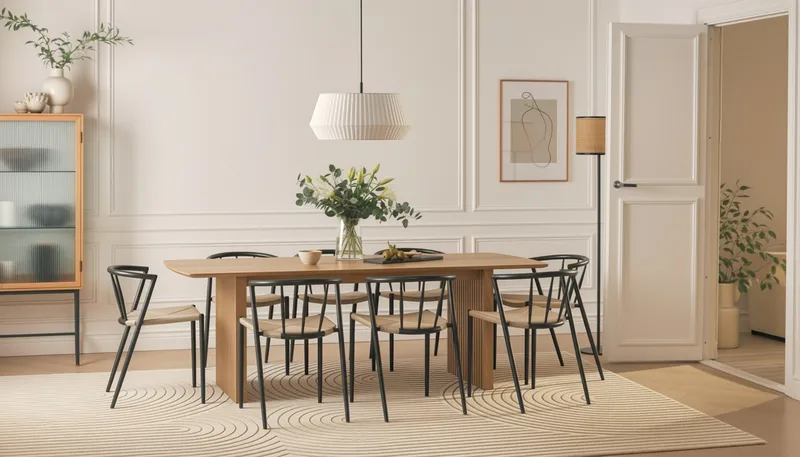 Richeto Matbord 240 cm med 8 Winston Matstolar - Naturlig finish / Beige / Metallben Svart - Products - Möbler - Bord & matgrupp - Matgrupp