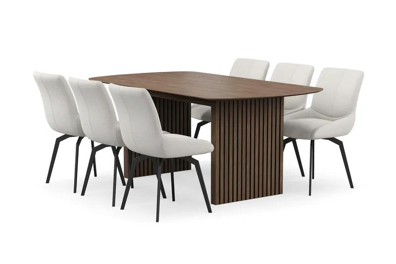 Richeto Matgrupp 180 cm med 6 Mora Snurrstolar, Rökt ek/Ljusbeige