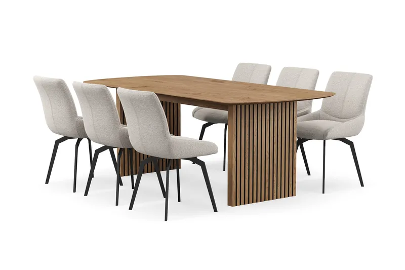Richeto Matgrupp 210 cm med 6 Mora Snurrstolar - Naturlig finish/Mörkbeige - Products - Möbler - Bord & matgrupp - Matgrupp