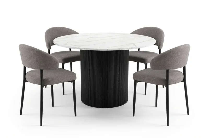 Uppveda Matbord 120 cm Runt Svart med 4 Sawako Greige Stolar, Svart/Vit/Greige