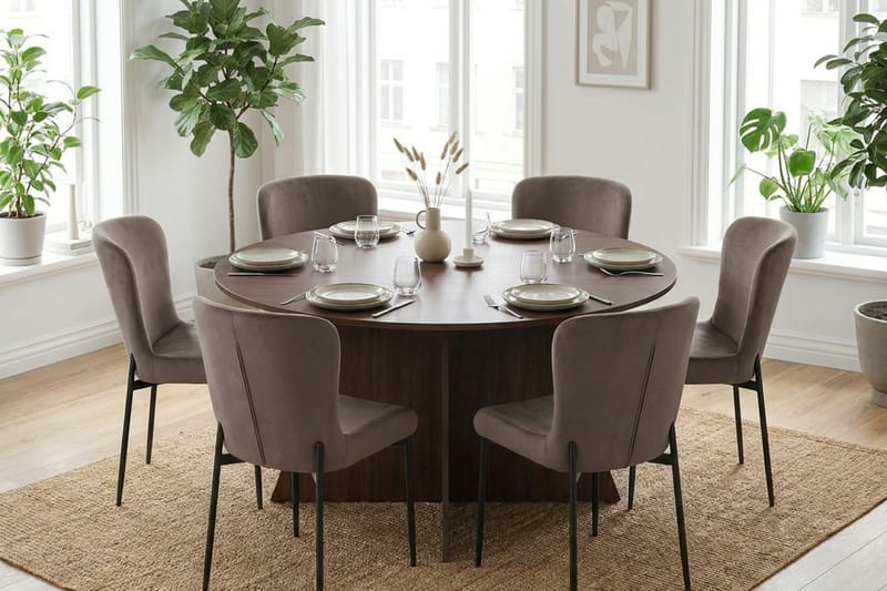 Vera Matgrupp runt 150 cm Valnöt med 6 Elsie Matstolar - Valnöt/Brun - Products - Möbler - Bord & matgrupp - Matgrupp