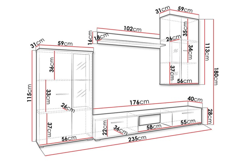 Bunta Tv-möbelset 235x40 cm - Vit - Products - Möbler - TV- & Mediamöbler - TV-möbelset