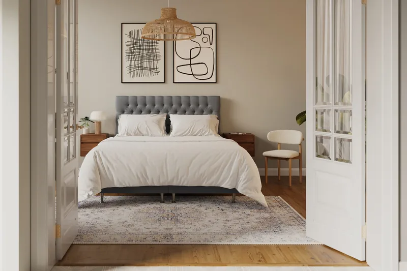 HVILA Lyx Komplett Sängpaket 160x200 cm Kontinentalsäng med knappad sänggavel i sammet - Ljusgrå / Sammet - Products - Möbler - Säng - Kontinentalsäng