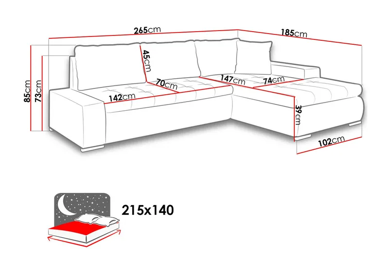 Cerys Divanbäddsoffa 265x185x85 cm Universal - Grå - Products - Möbler - Soffa - Bäddsoffa - Bäddsoffa divan