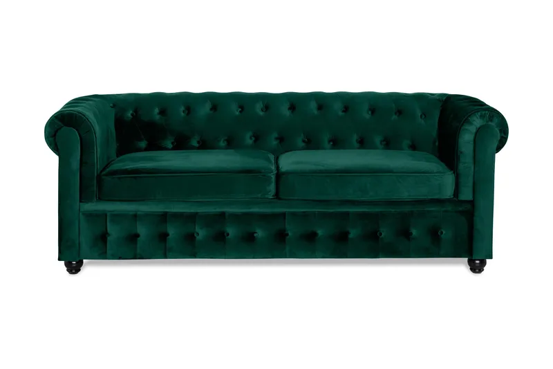 Chesterfield Lyx 3-sits Framåtbäddad bäddsoffa i sammet, Mörkgrön / Grön