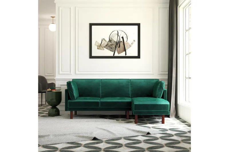 Clair 3-sits Bäddsoffa med Schäslong Ställbar Sammet/Grön/Tr - Dorel Home - Products - Möbler - Soffa - Bäddsoffa - Bäddsoffa längsbäddad