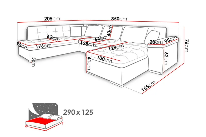 Niko U-Bäddsoffa 350x205x76 cm Divan Höger - Grå/Svart - Products - Möbler - Soffa - Bäddsoffa - Bäddsoffa längsbäddad