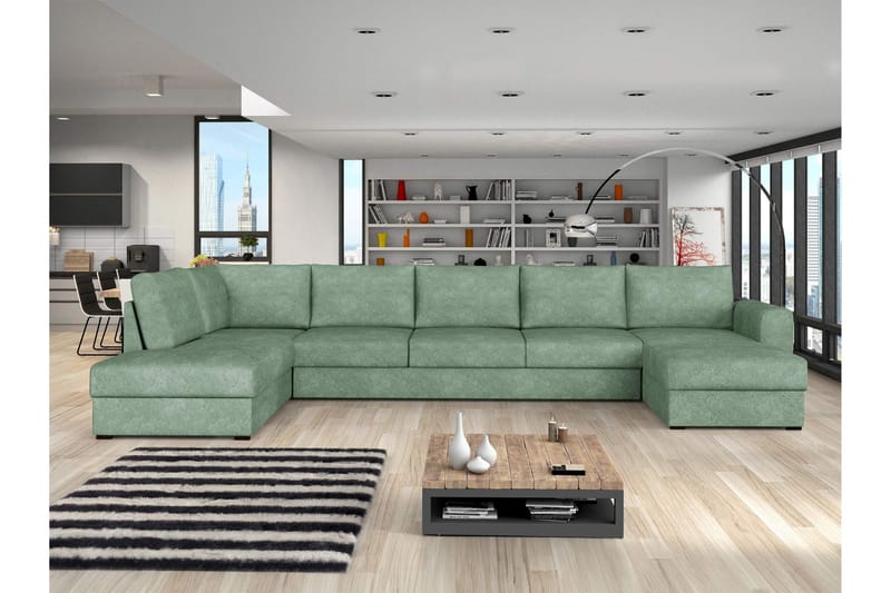 Taberk Bäddsoffa med Divan och Schäslong 5-sits i Bouclé - Grön - Products - Möbler - Soffa - Bäddsoffa - Bäddsoffa divan