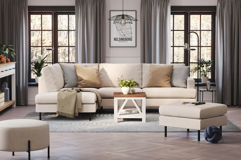 Menard Compact 4-sits Vänstervänd L-formad Schäslongsoffa i Tyg - Beige - Products - Möbler - Soffa - Divansoffa & schäslongsoffa - 4 sits soffa med divan