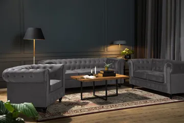 Chesterfield Lyx Soffgrupp 2-sits+Fåtölj Sammet - Grå - Products - Möbler - Soffa - Soffgrupp - Chesterfield soffgrupp