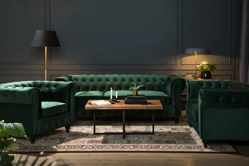 Chesterfield Lyx Soffgrupp 2-sits+Fåtölj Sammet - Grön - Products - Möbler - Soffa - Soffgrupp - Chesterfield soffgrupp