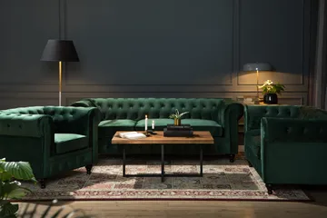 Chesterfield Lyx Soffgrupp 3+2 i Sammet - Grön - Products - Möbler - Soffa - Soffgrupp - Chesterfield soffgrupp