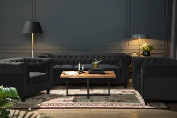 Chesterfield Lyx Soffgrupp 3+2 i Sammet - Svart - Products - Möbler - Soffa - Soffgrupp - Chesterfield soffgrupp