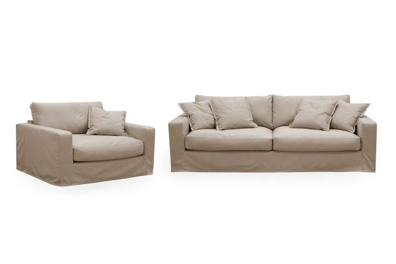 Valencia Extra Djup 3-sits soffa + fåtölj med avtagbar och tvättbar klädsel, Ljusbrun