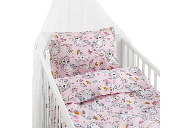 Påslakanset till Spjälsäng 2-Dels Enhörning Rosa
